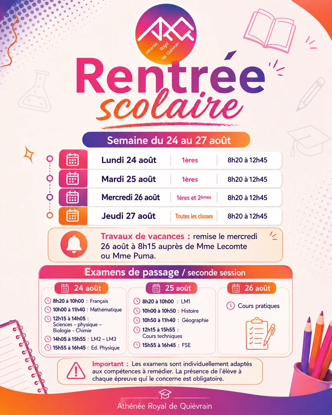 Rentrée scolaire 2026 : programme du 24 au 27 août