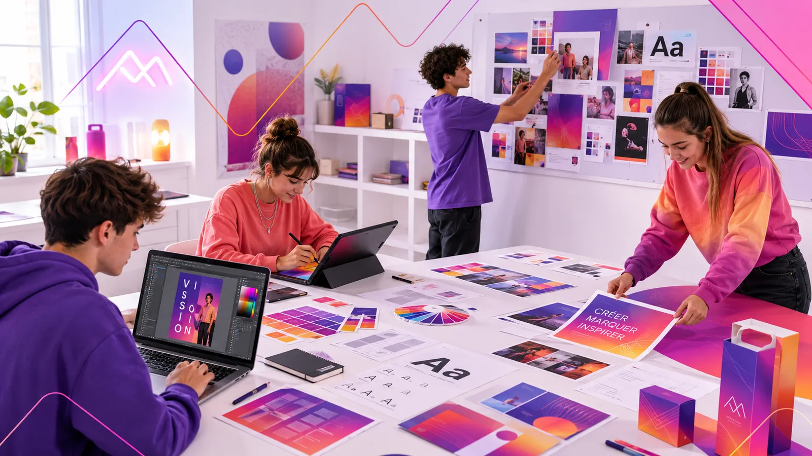 Illustration d'un atelier de création en publicité, graphisme et communication visuelle