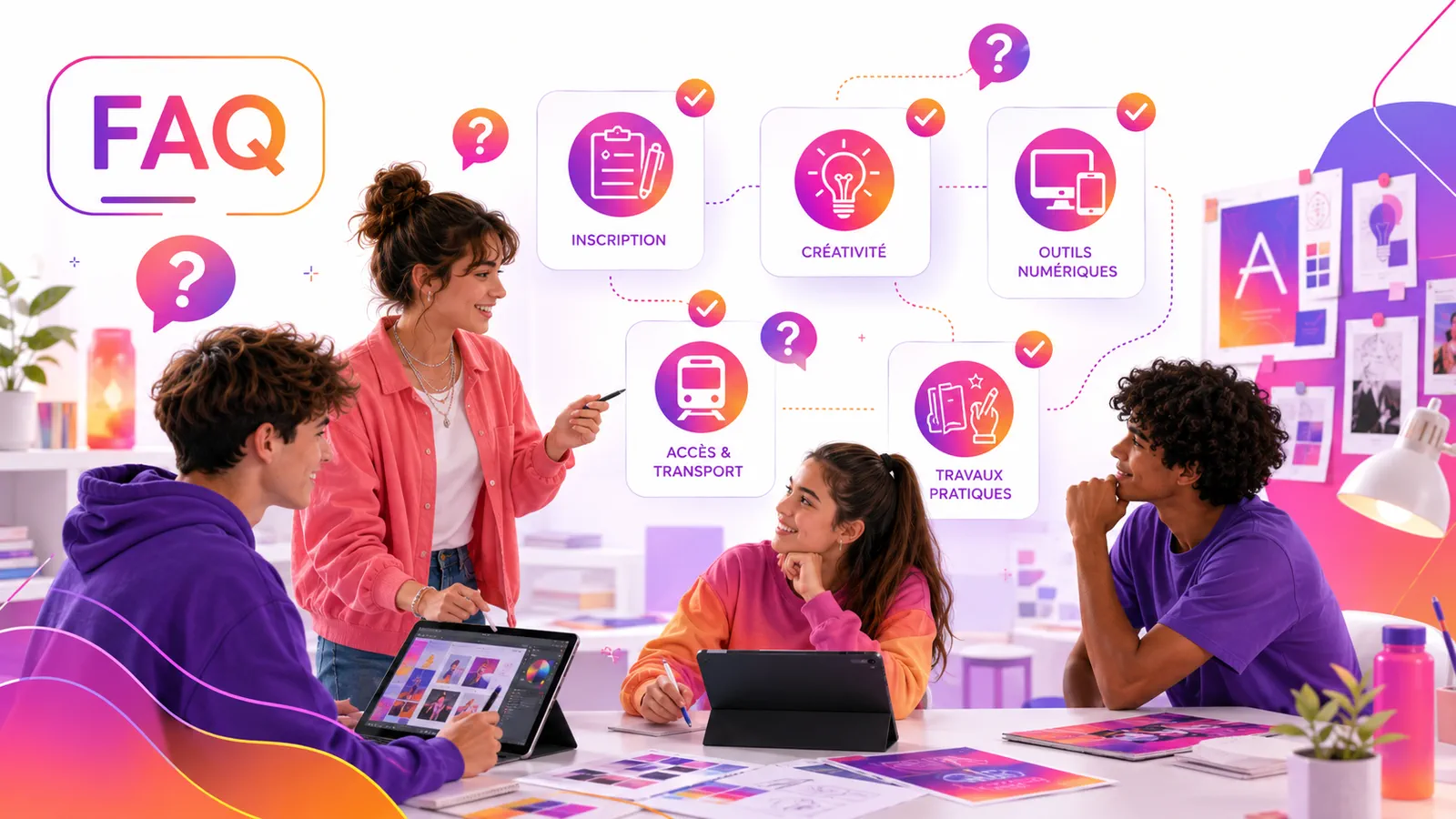Illustration d'élèves échangeant autour des questions pratiques de la section publicité