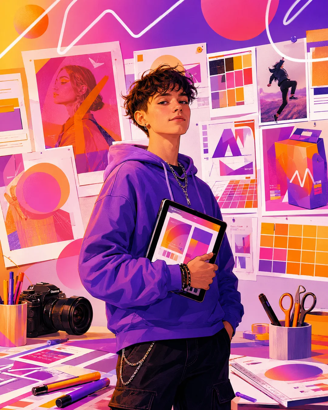 Illustration d'un élève présentant un portfolio d'infographie et de communication visuelle