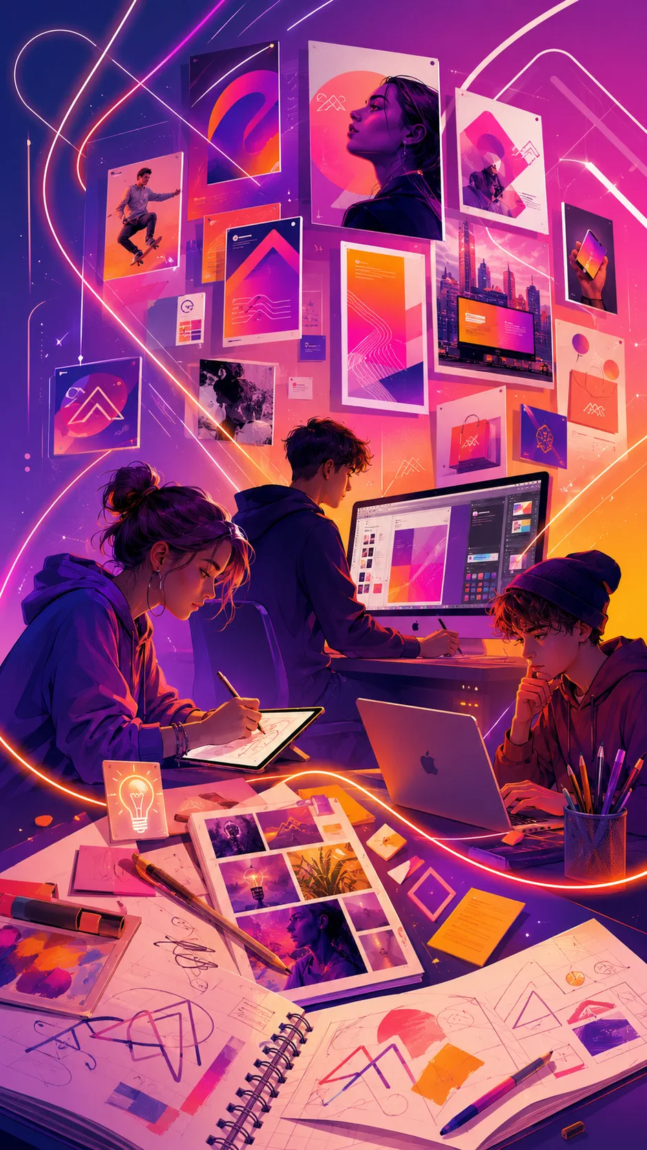 Illustration d'un univers de création numérique autour du graphisme et des métiers de la publicité