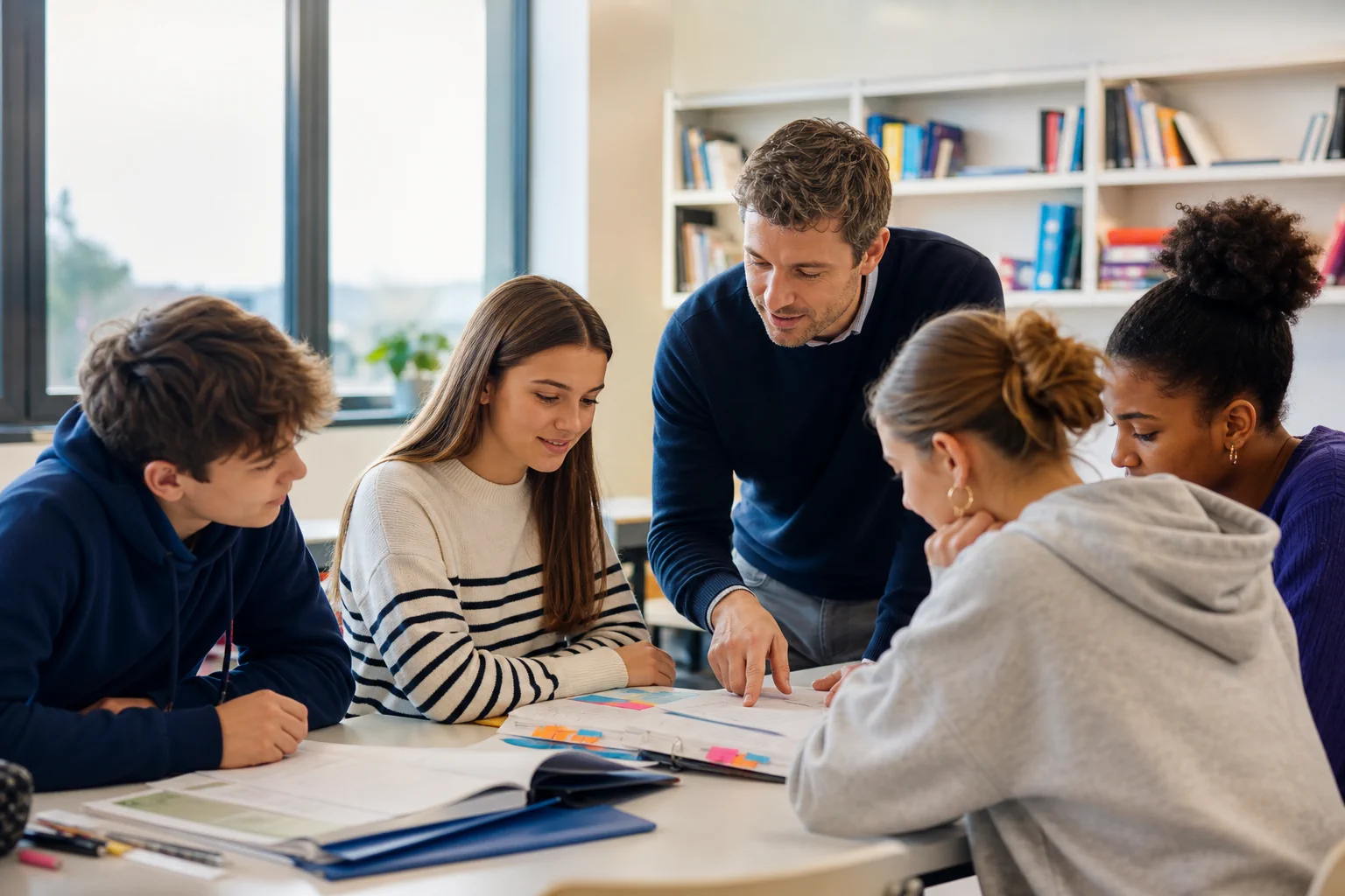Élèves et enseignante échangeant autour du travail scolaire